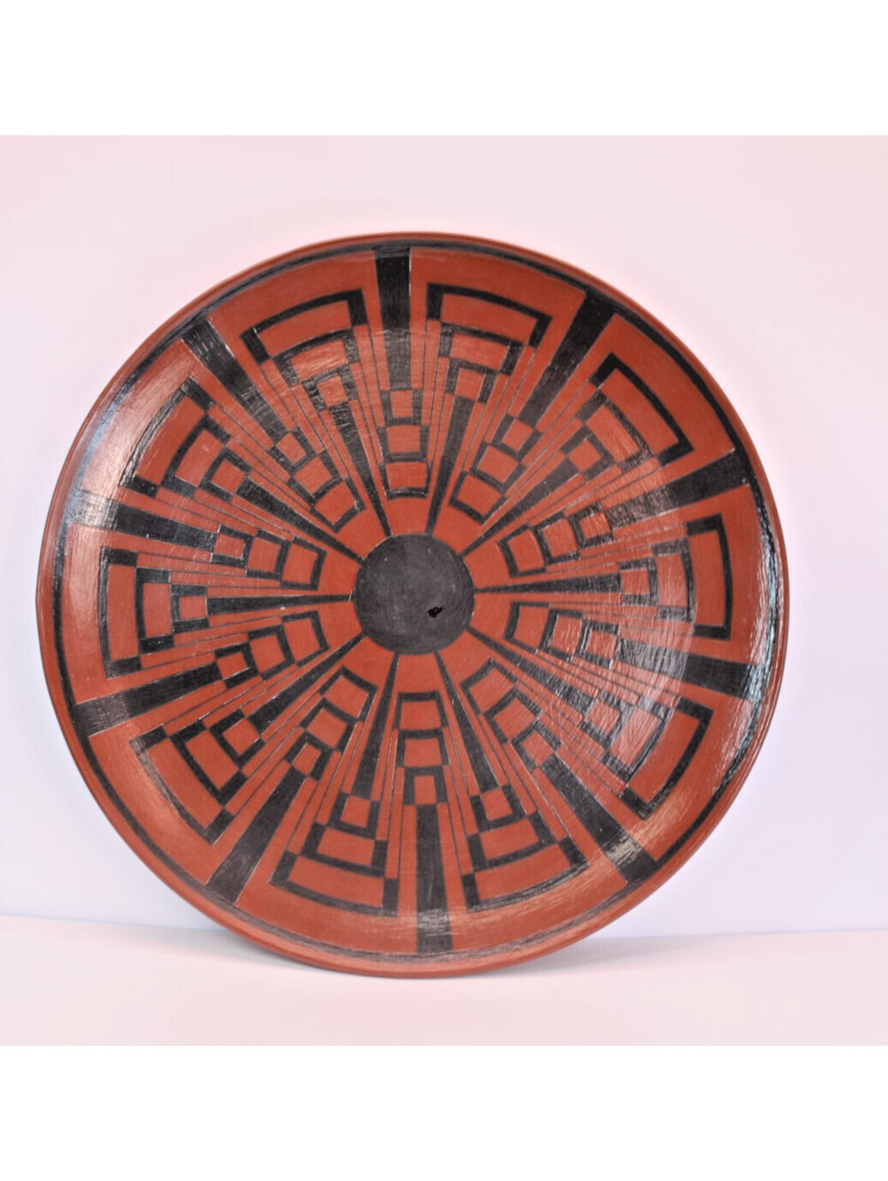 Handpainted Terra Cotta 16" Plate N.A. Pueblo Redware Geometric Signed Decor